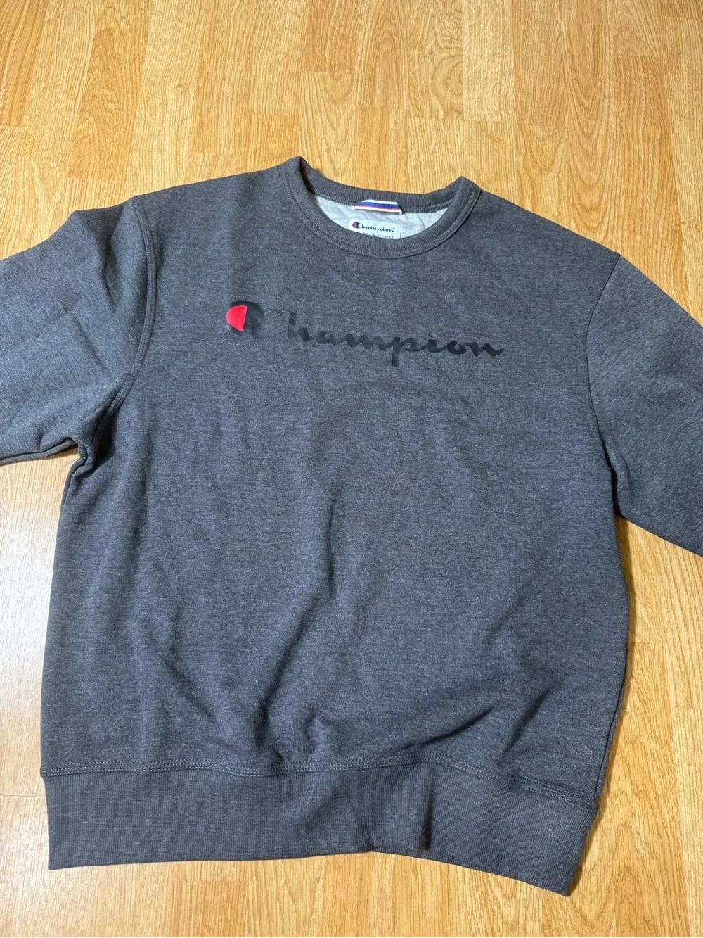 Champion Men’s Crewneck Sweatshirt in Charcoal Gray with Red Accent - Size M